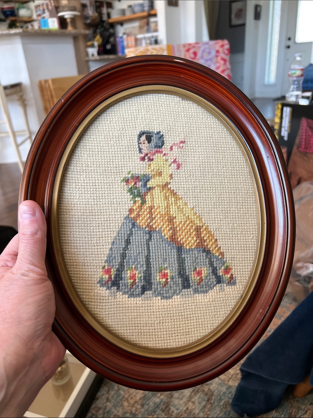 Vintage Needlepoint Framed Colonial Man and Woman Pair - Cream, Gray, Pink, Blue - Picture 3 of 12